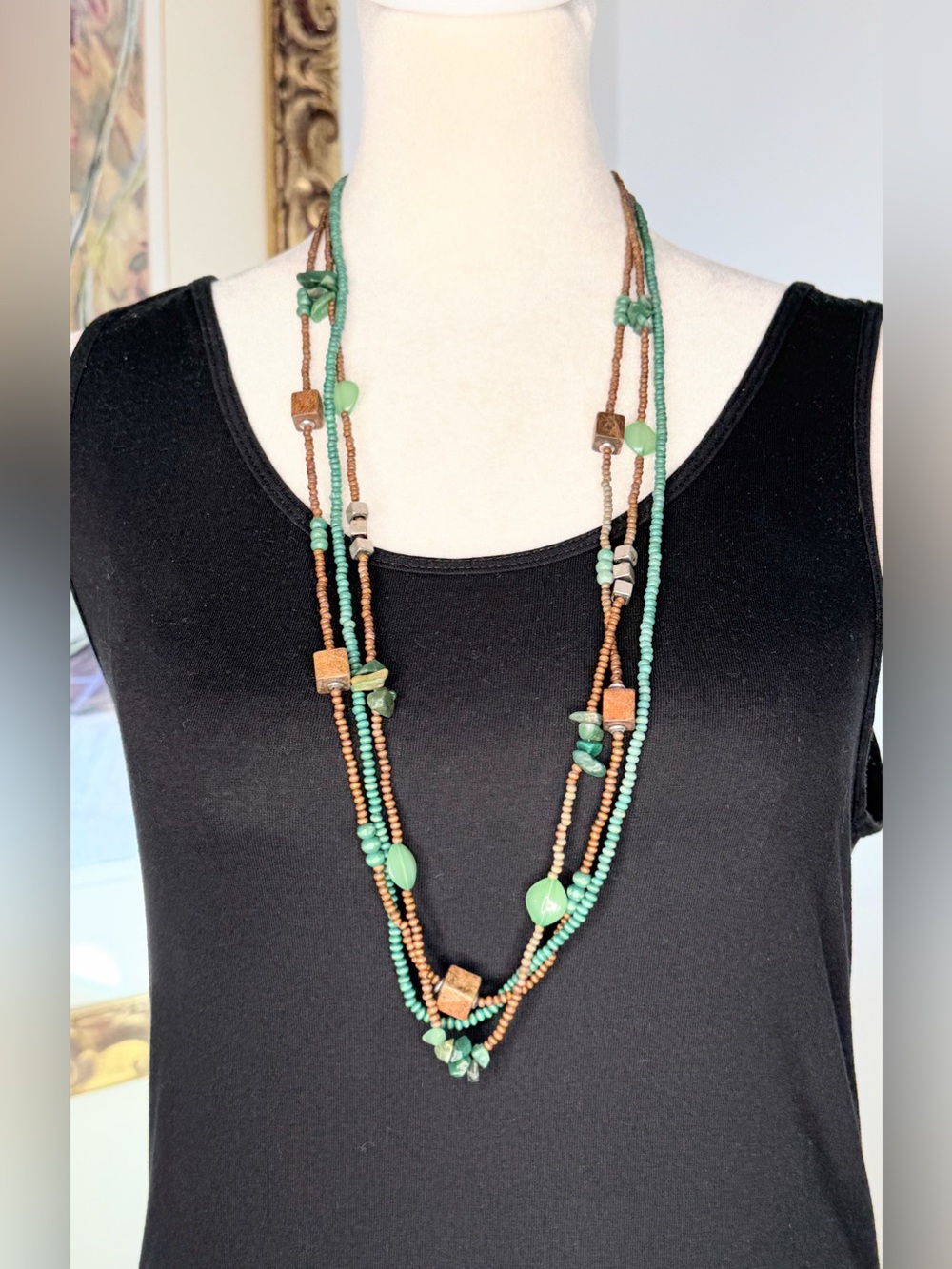 Boho Multi Strand Wood Bead Necklace Green Brown 32” Statement Tribal Style
